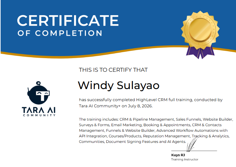 GoHighLevel Certification of Completion awarded to Windy Sulayao by Tara AI Community, July 8, 2026